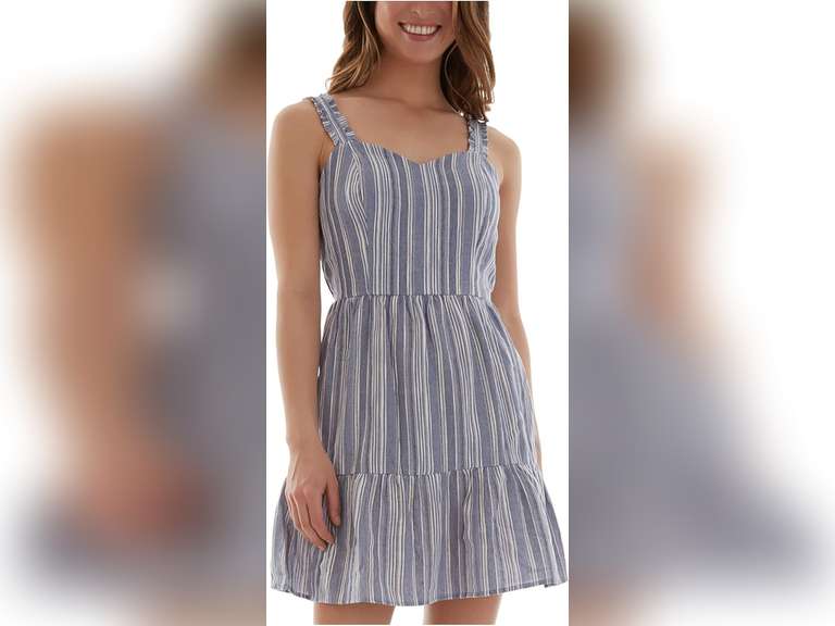 SIMILAR MODEL, Womens Blue Stretch Cut Out Tie Ruffled-Hem Striped Sleeveless Sweetheart Neckline Short Fit + Flare Dress L 22