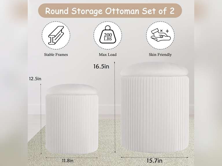 Set of 2 Round Storage Ottoman, Multifunctional Storage Ottoman with Lid and Soft Corduroy Padding, Footrest for Living Room and Bedroom, Vanity Stool for Makeup 80