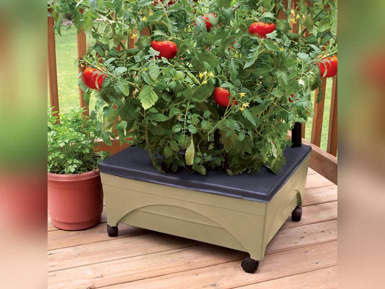 Emsco Group City Pickers 24.5 in. X 20.5 in. Patio Raised Garden Bed Grow Box Kit with Watering System and Casters in Sandstone 80