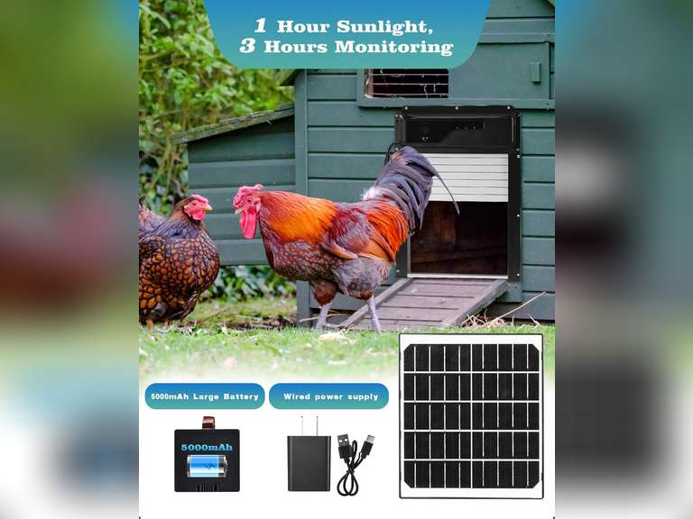 Automatic Chicken Coop Door with HD Camera, Solar Powered, 5000mAh Battery, WiFi Enabled, APP-Based Monitoring, Remote Control and Timer, with Anti-Trap Sensor and Alarm Drive(Black) 170