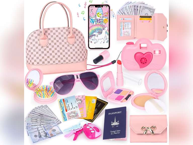 Toddler Play Purse for Little Girls, 35PCS Kids Purse with Pretend Play Princess Toys Includes Handbag, Camera, Phone, Wallet, Key, Kids Purse Birthday Gift for Girls Toddler Age 3 4 5 6+ 15