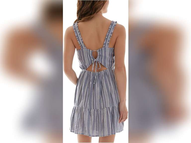 SIMILAR MODEL, Womens Blue Stretch Cut Out Tie Ruffled-Hem Striped Sleeveless Sweetheart Neckline Short Fit + Flare Dress L 22