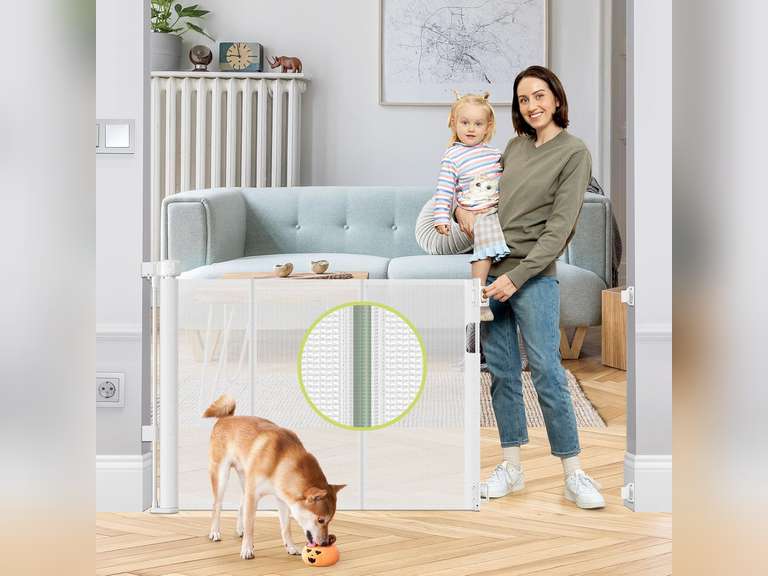 Reinforced 55" Wide Retractable Baby Gate Outdoor Retractable Gate with Reinforced Bar Mesh Baby Gate Retractable Dog Gate Retractable Mesh Gate for Kids and Pets Safety Retractable Pet Gate for Stair 42