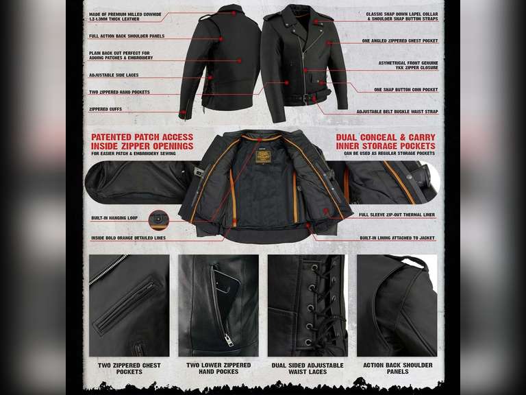 Milwaukee Leather SH1011 Men's Classic Brando Premium Leather Black Motorcycle Riders Leather Jacket w/Side Laces M 130