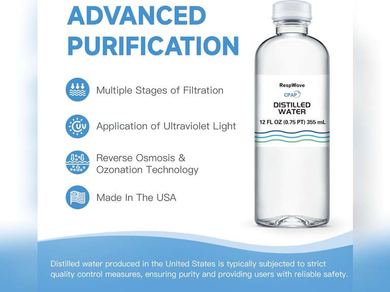 12 oz 5-Pack Distilled Water for CPAP Machines | Made in USA | Use with ResMed and Respironics Machines | Travel-Friendly, Clean, Multi-Use 20