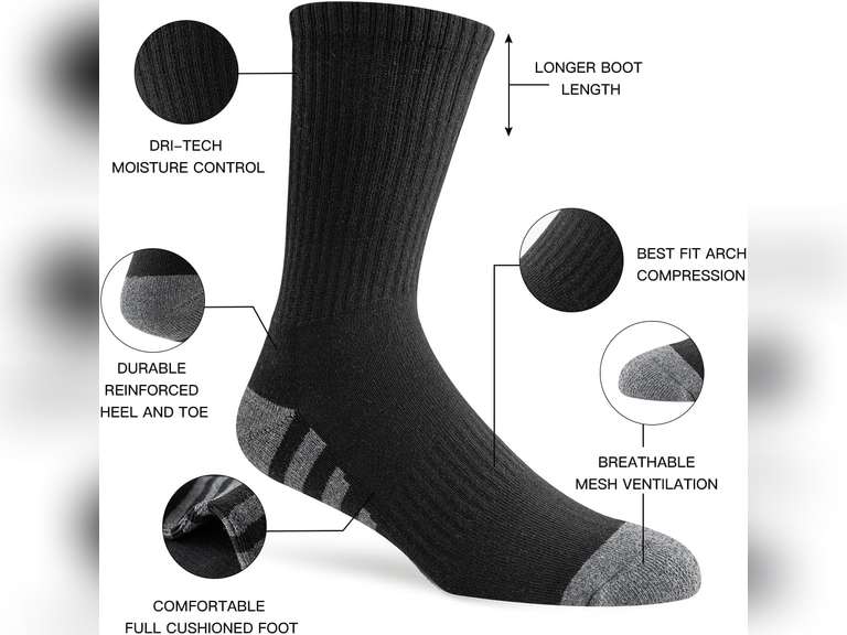 JOYN E 8 Pairs Mens Crew Work Cushion Socks Long Athletic Running Socks Workout Breathable Socks,Black,Sock Size:10-13, Black(8 Pairs), Large 26