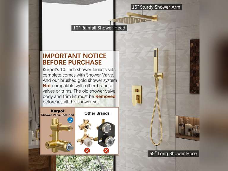 Gold Shower System, 12 Square Rainfall Shower Head with Handheld Combo Spray, Bathroom Brushed Gold Shower Faucet Set with Valve, 59' Shower Hose, Shower Trim Kit and Diverter, Wall Mounted 126