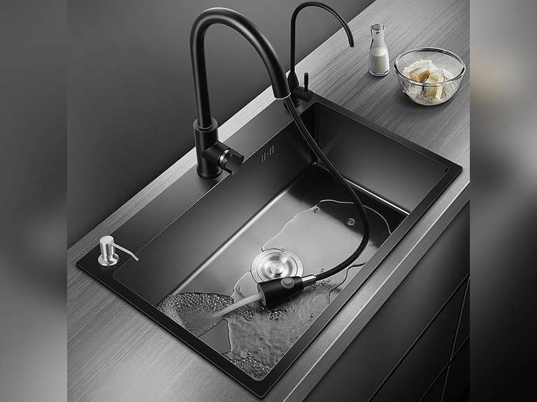 Black Kitchen Sink, Stainless Steel Single Bowl Sink, Drop In/Topmount Workstation Sink with Sliding Accessories, Farmhouse Workstation Sink with Multiple Accessories (21.7 x 17.7in), RXZE031 140