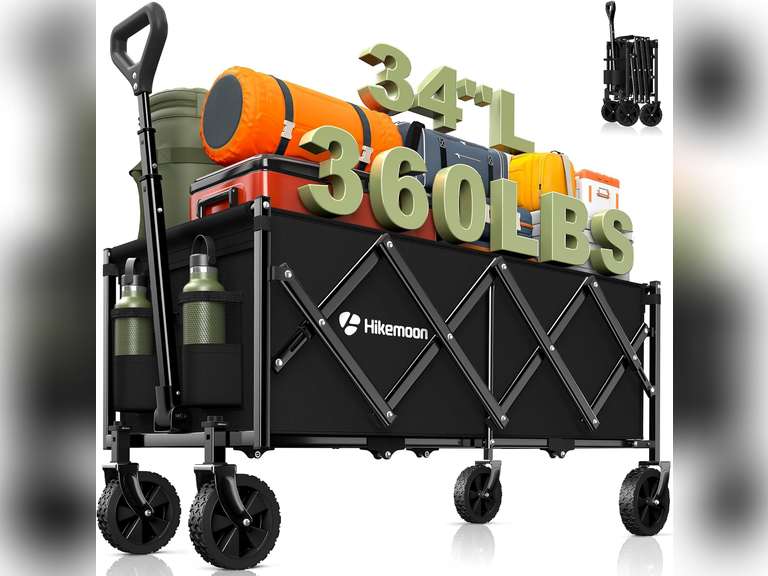 34' Extra Long Collapsible Wagons Carts Foldable, 360LBS Heavy Duty Folding Beach Wagon Cart with Wheels, Portable Utility Outdoor Wagon for Grocery, Shopping, Garden, Sports, Camping, Black 57