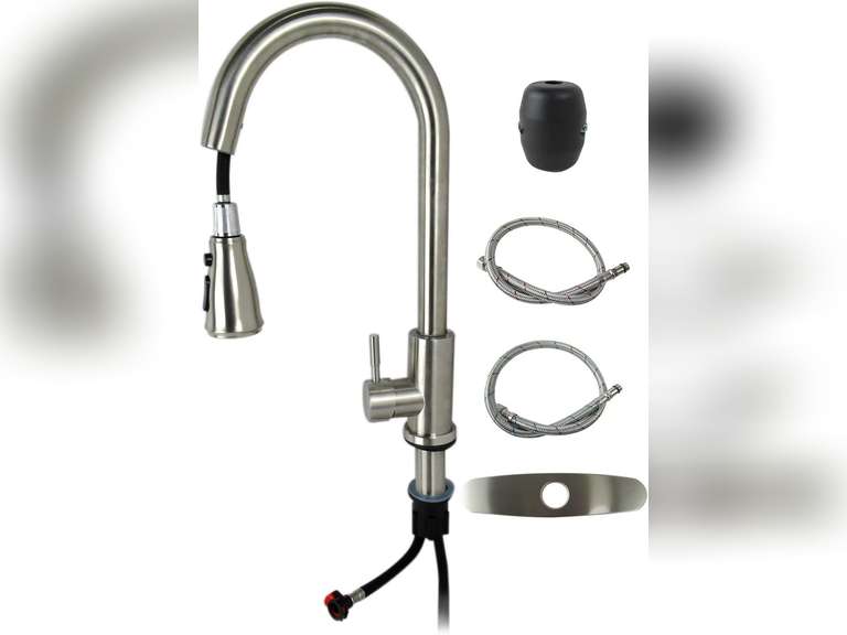 Silver Kitchen Faucets with Pull Down Sprayer, Kitchen Sink Faucet Kitchen Faucet with Deck Plate, Sink Faucet Single Handle Faucet 360 Rotatble Kitchen for Kitchen Sinks 79