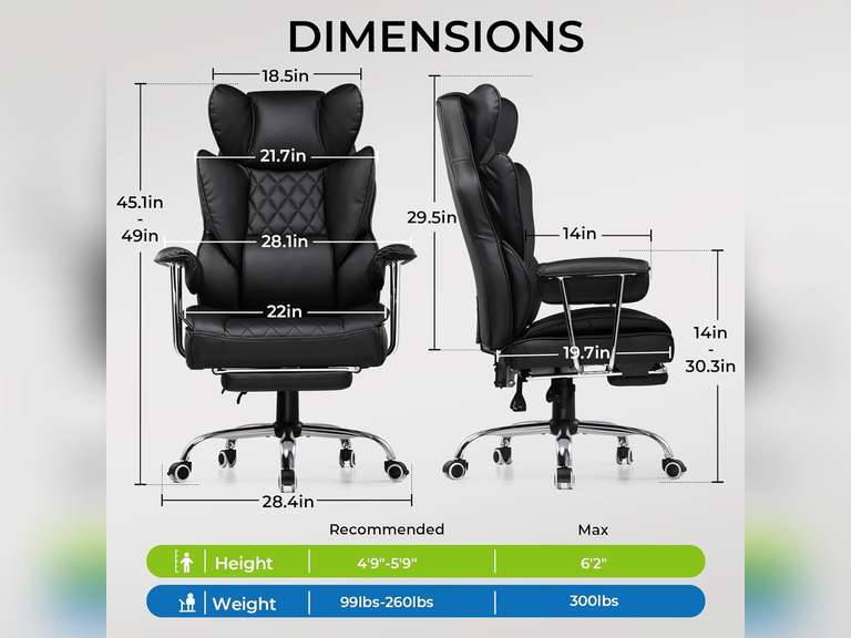 GTRACING Gaming Chair,Office Chair with Pocket Spring Lumbar Support, Ergonomic Comfortable Wide Office Desk Computer Chair with Outward Fixed Soft Armrests and Footrest (PU Leather, Black) 160