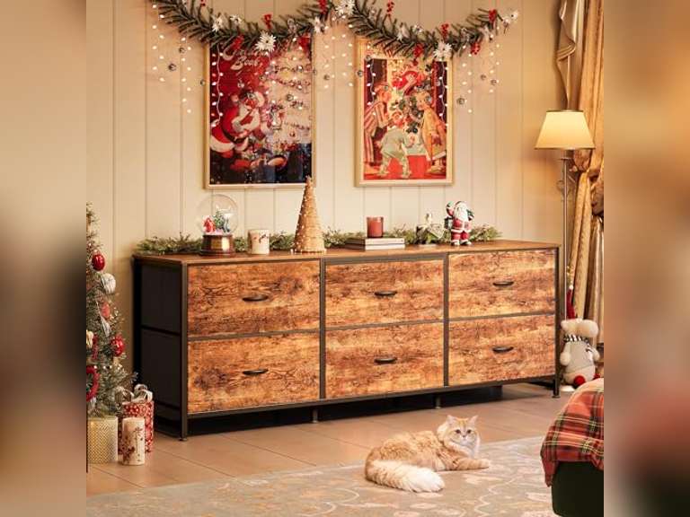 Huuger 63 Inch Long Dresser for Bedroom, Wide TV Stand for 55, 65, 70 Inch TV, 6 Drawer Dresser for Closet with Fabric Drawers, Storage Organizer for Bedroom, Entryway, Rustic Brown 70