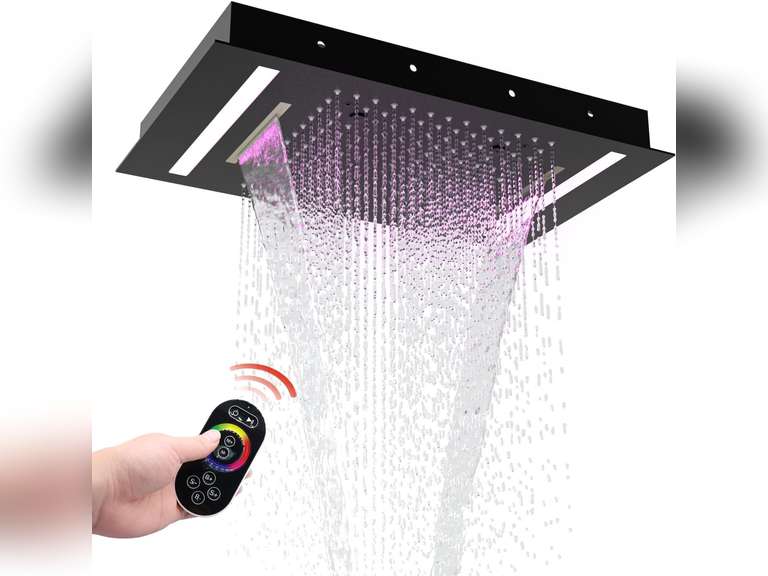 HOMEDEC 14x20inch LED Multi Functions Full Body Shower Head High-Pressure, Rainfall Spray Waterfall 3 Functions Can Run Together Shower Water Filter, Black 380