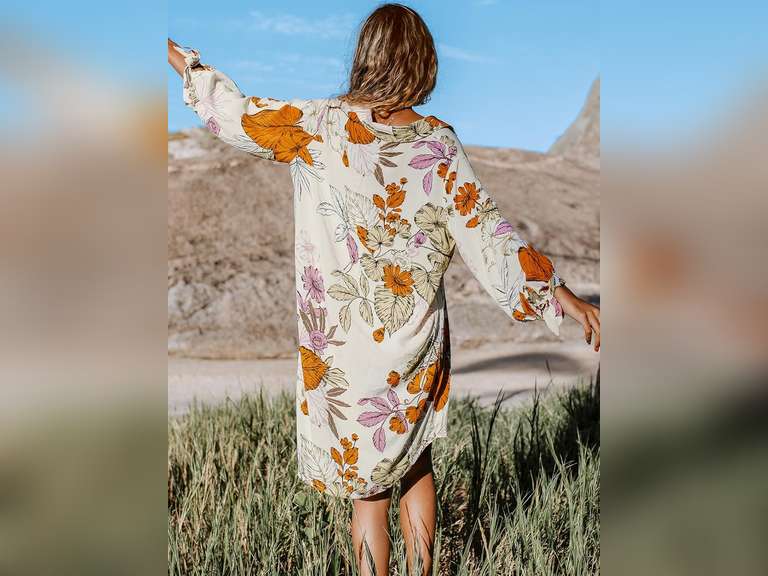 CUPSHE Women Mini Summer Dress Cover Up Oversize Floral Shirt 3/4 Sleeve Cuff Tie Button Down Beach Dresses Cover Up Top, S 38