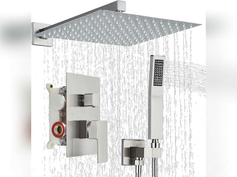 Shower Faucet Set Brushed Nickel Shower System with 12 Inches Rain Shower Head and Handheld Sprayer Wall Mounted Shower Fixture Set with Brass Shower Valve 130