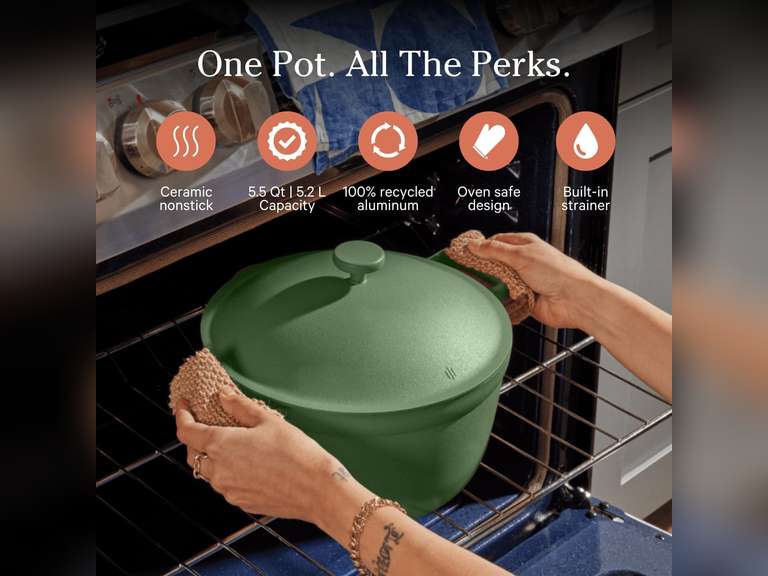 Our Place Perfect Pot - 5.5 Qt. Nonstick Ceramic Sauce Pan with Lid | Versatile Cookware for Stovetop and Oven | Steam, Bake, Braise, Roast | PTFE and PFOA-Free | Toxin-Free, Easy to Clean | Sage 145