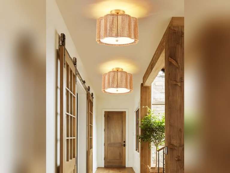 WILON Boho Light Fixture Ceiling Mount, 3-Light Rattan Light Fixture with Fabric Shade, Modern Woven Flower Semi Flush Mount Ceiling Light Fixture for Hallway Entryway Bedroom Nursery Kitchen 45