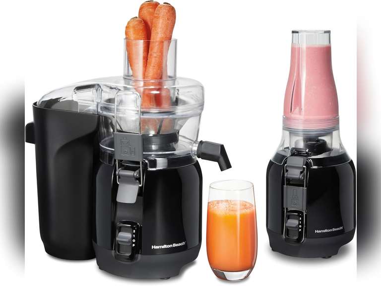 Hamilton Beach Juice & Blend 2-in-1 Juicer Machine and 20 oz. Blender, Big Mouth Large 3 Feed Chute for Whole Fruits and Vegetables, Easy to Clean, Centrifugal Extractor, 800W Motor, Black (67970) 123