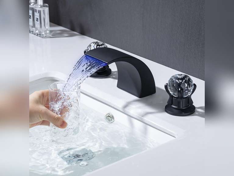 Bathroom Sink Faucet 3 Hole 2 Handle Widespread LED Light Waterfall Faucets with Dual Crystal Handles Basin Mixer Tap 8-Inch Vanity Sink Faucet with Supply Hose, Matte Black 99