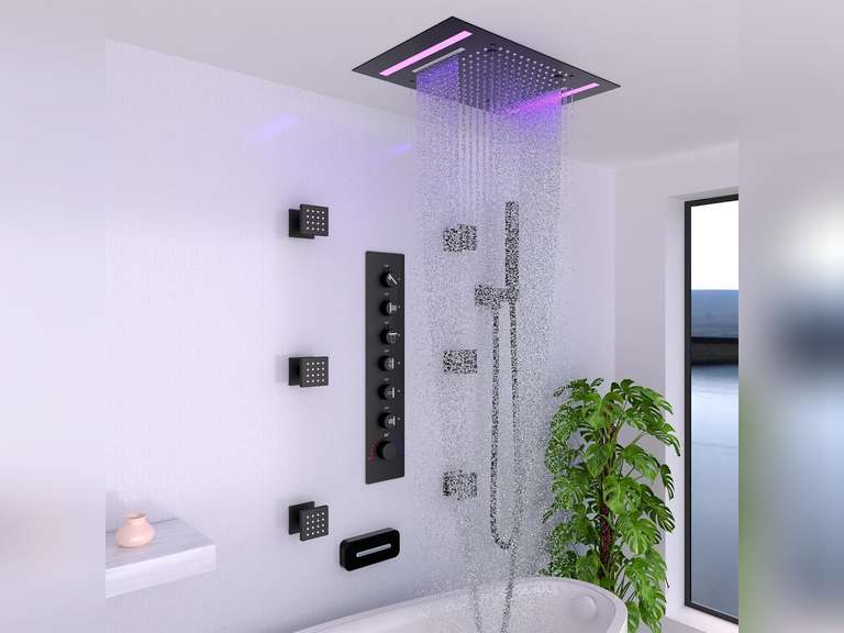 HOMEDEC 14x20inch LED Multi Functions Full Body Shower Head High-Pressure, Rainfall Spray Waterfall 3 Functions Can Run Together Shower Water Filter, Black 380