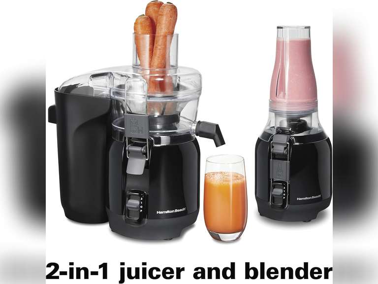 Hamilton Beach Juice & Blend 2-in-1 Juicer Machine and 20 oz. Blender, Big Mouth Large 3 Feed Chute for Whole Fruits and Vegetables, Easy to Clean, Centrifugal Extractor, 800W Motor, Black (67970) 123