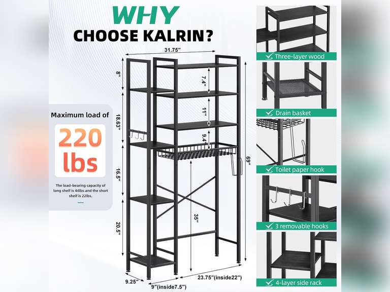 8-Tier Over The Toilet Storage with Side Rack, Over Toilet Storage Rack with Adjustable Shelf & Drain Basket, Freestanding Bathroom Organizer for Balcony, Laundry (Pure Black) some screws might be missing 90