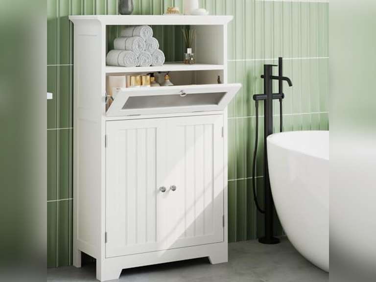 ChooChoo Bathroom Floor Storage Cabinet with Flip Glass Drawer, Freestanding with 2 Doors, Adjustable Shelf & Open Storage for Living Room, Hallway, White 110