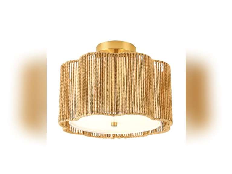 WILON Boho Light Fixture Ceiling Mount, 3-Light Rattan Light Fixture with Fabric Shade, Modern Woven Flower Semi Flush Mount Ceiling Light Fixture for Hallway Entryway Bedroom Nursery Kitchen 45