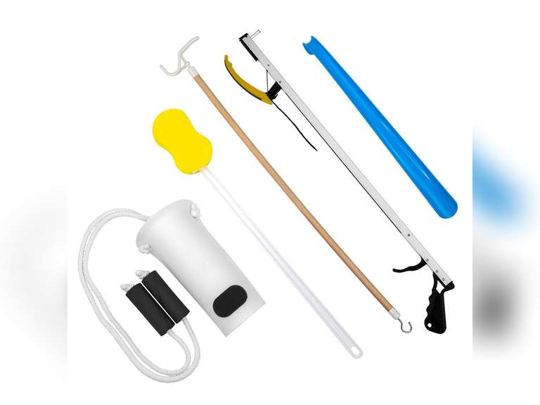 FabLife Hip Kit Daily Living Aids for Mobility, Hip Replacement Recovery, Knee and Back Surgery Includes Grabber Reacher, Bath Sponge Stick, Sock Aid, Shoehorn, Dressing Stick 44