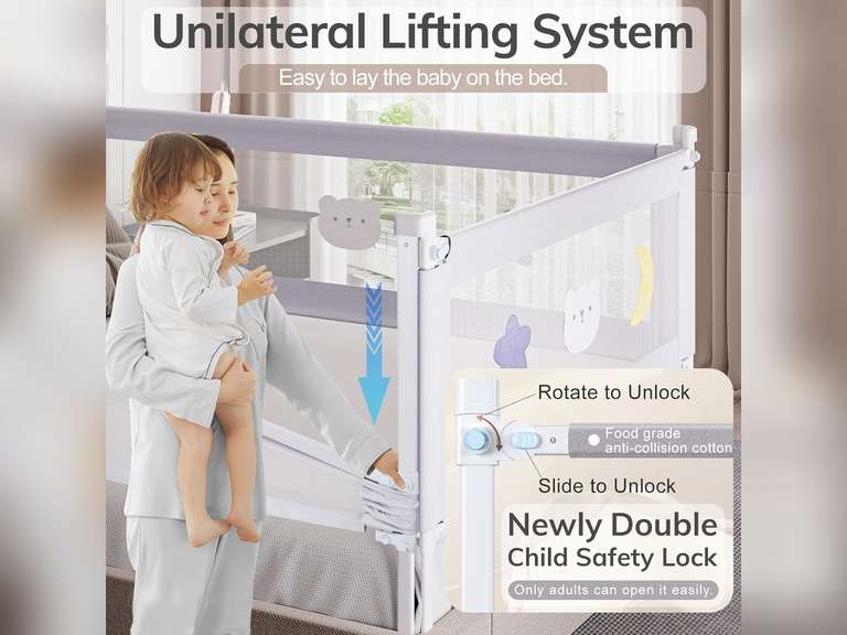 omzer Bed Rail for Toddlers - (3 Pack) Toddler Bed Rails with Double Child Lock - Bed Rail for Baby Kids with Pattern - Height Adjustment Guard Rails for Full Size Bed - 3 Pack, 54x75x75 120