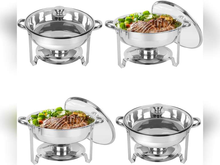 Chafing Dish Buffet Set 4 Pack, 5QT Round Stainless Steel Chafer for Catering in Glass Lid, Chafers and Buffet Warmer Sets w/Food & Water Pan, Lid, Frame, Fuel Holder for Event Party Holiday 100