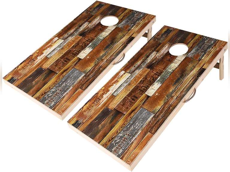 Welldo Sports 4x2 Feet Regulation Wood Cornhole Boards, Both Sides PrintedWood Grain Cornhole Set with 8 Cornhole Bean Bags for Indoor Outdoor CornholeToss Games (4'x2' Boards with Dark Red Bean Bags) 147
