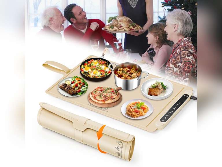 Food Warming Mat Electric Tray: Adjustable Silicone Heating Pad with 3 Temperature Settings 4 Timer Function Portable Roll Up Hot Plate for Buffets Party Gatherings Kitchen Warmer Countertop Holiday 39
