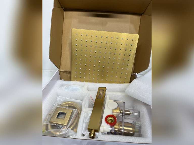 Gold Shower System, 12 Square Rainfall Shower Head with Handheld Combo Spray, Bathroom Brushed Gold Shower Faucet Set with Valve, 59' Shower Hose, Shower Trim Kit and Diverter, Wall Mounted 126