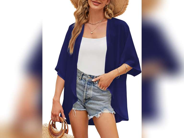 Chunoy Women Floral Print Lightweight Chiffon Kimono Cardigan Short Sleeve Loose Beach Wear Cover Up Blouse Top/XXL 10