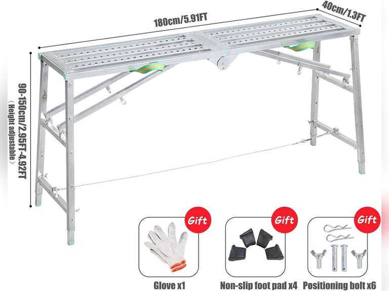 Scaffolding Equipment, Portable Folding Scaffolding, Multipurpose Work Platform Scaffold Tower Ladder Stool Work Bench, 882 Lbs Load, Galvanized Steel (Size : 5.91ft) 113
