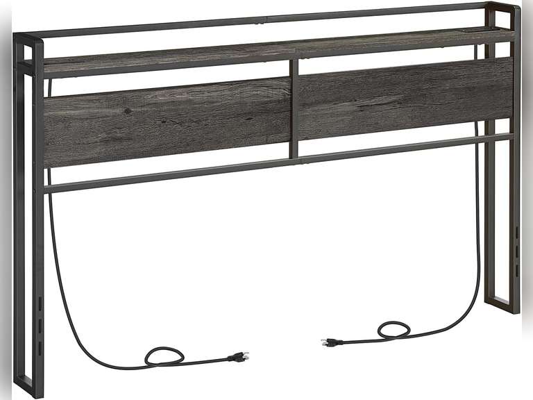 HOOBRO King Size Headboard, Headboard with 2 Outlets and 4 USB Ports, Adjustable Height, Storage Rack, Sturdy and Stable, Easy Assembly, Charcoal Gray and Black 90