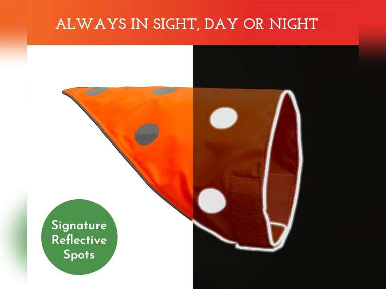 SPOT THE DOG! Reflective Bandana Bib Safety Apparel for All Dogs - Easy Fastening Closure, High Visibility Fluorescent Orange M-L 20