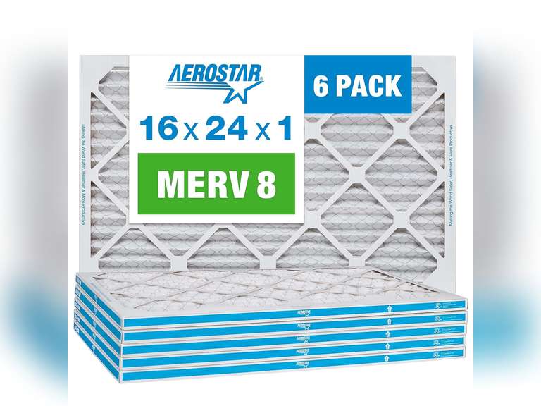 Aerostar 16x24x1 MERV 8 - 6 Count - Pleated HVAC, Furnace & Air Conditioner Filters - Removes Dust, Lint, Mold & Allergy-Causing Pollen 33