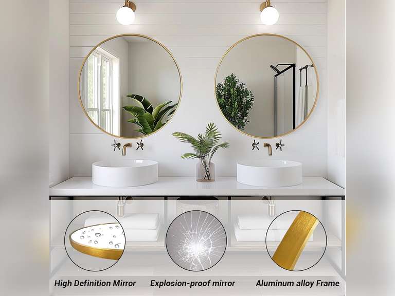 Gold Round Mirror, 24 inch Circle Mirror, Gold Metal Frame Bathroom Mirrors, Round Wall Mounted Mirrors for Bathroom, Hallway, Living Room, Bedroom. 37