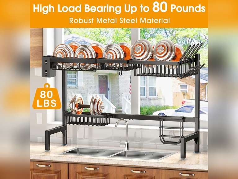 (SIMILAR MODEL) Over The Sink Dish Drying Rack, Adjustable (30" to 41.5") Large Dish Drainer Drying Rack for Kitchen Counter with Multiple Baskets Utensil Sponge Holder Sink Caddy, 2 Tier Black 40