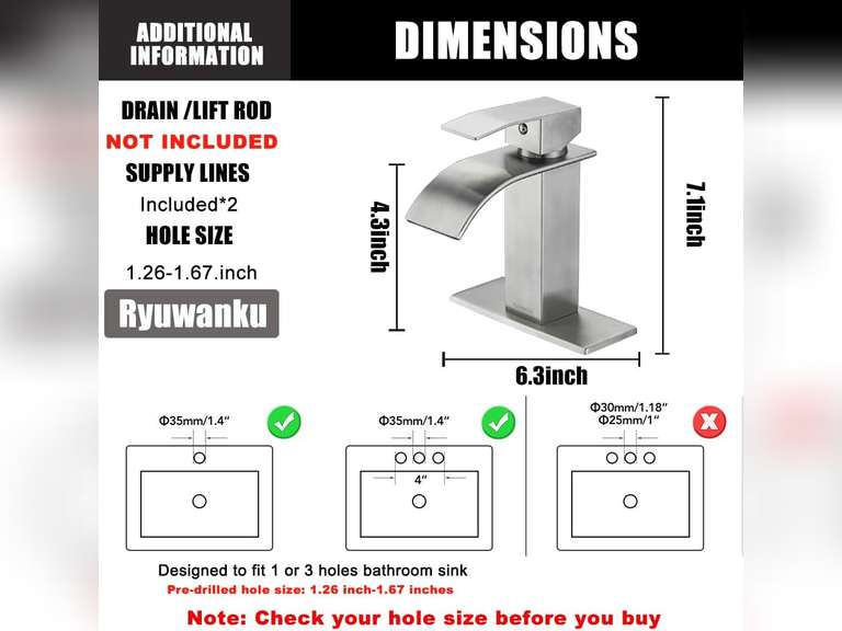 Bathroom Faucet Brushed Nickel Modern Waterfall Bathroom Sink Faucet with Single Handle Suitable for 1 or 3 Holes,Supply Deck Plate and Hose 24