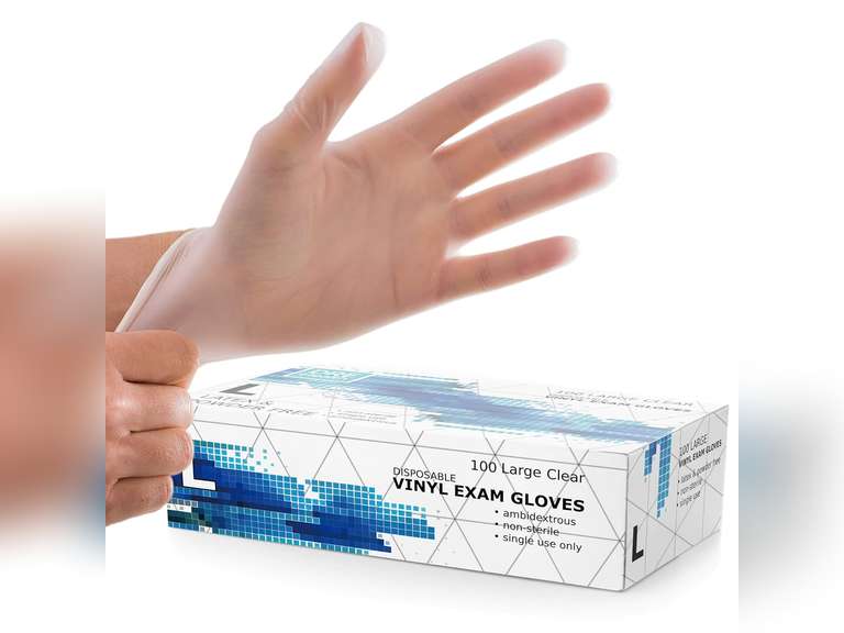Powder Free Disposable Gloves Large -100 Pack -Clear Vinyl Medical Exam Gloves 10