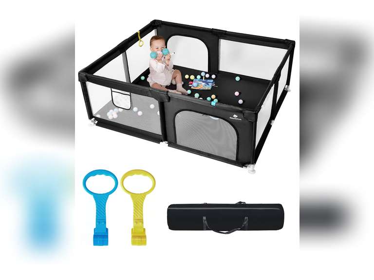 Dearlomum Baby Playpen with Non Removable Mat, Extra Large Play Yard for Babies & Toddlers, Portable Travel Playpen, Baby Activity Center for Indoor & Outdoor Use (Black 59" 71") 80