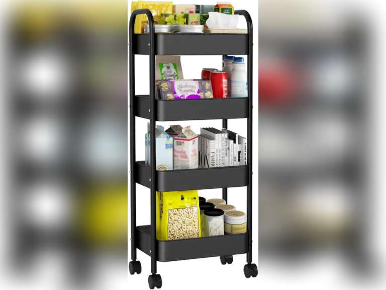Rolling Cart, Utility Cart, Metal Trolley Cart with Wheels, Detachable Storage Cart with Handle and Lockable Casters for Bathroom,Kitchen,Living Room Office (Black Metal , 4 Layers) 25
