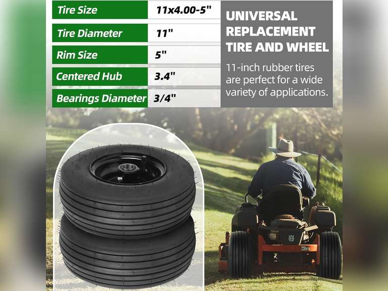 AR-PRO (2-Pack) 11x4.00-5 Tire and Wheel Assembly, 11x4-5 Lawnmower Tire (4-Ply) and Rim with Tube, 3.4 Centered Hub with 3/4 Bearings, Universal Lawn Mower/Yard Tractor Turf Tires 49