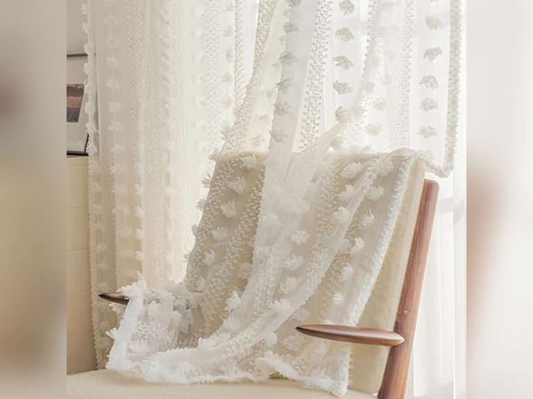 ColorBird White Sheer Pom Pom Curtains 84 Inches Long 2 Panels Set for Living Room,Boho Style Cute Nursery Curtains,Light Filtering Privacy Rod Pocket Curtains for Bedroom Sliding Door 32