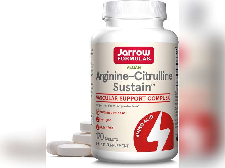 Jarrow Formulas Arginine-Citrulline Sustain , Dietary Supplement, Vascular Support Complex for Nitric Oxide Production and Cardiovascular Health, 120 Tablets, 60 Day Supply, exp 06/27 23