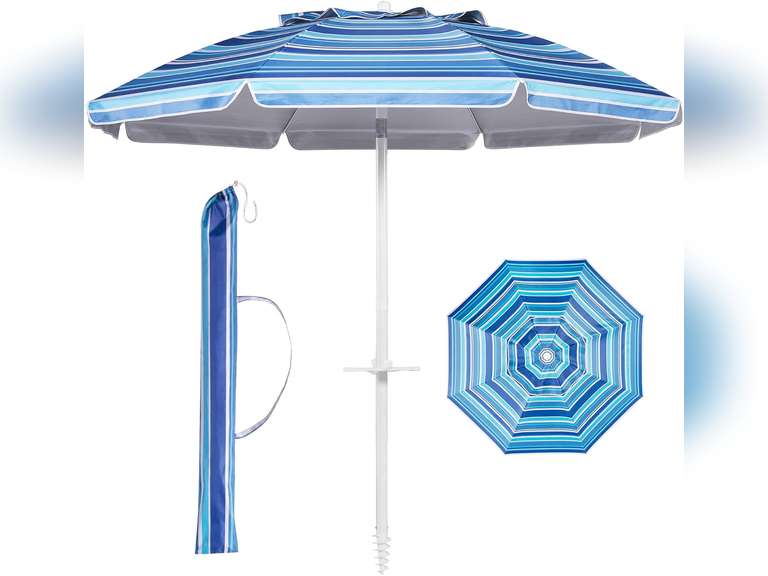 Aoxun Beach Umbrella with Tilt Pole, Portable Sand Anchor and Carry Bag, UPF 50+ Sun Shelter Air Vents Design for Outdoor Activities (Navy Blue & White), 6.5ft(similar model) 32