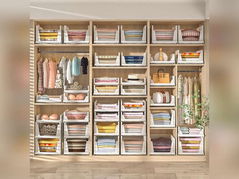 (Similar model) 5 Packs Stackable Plastic Storage Basket for Closet Foldable Closet Organizers and Storage Bins for Shelves Storage Drawer Container for Clothes, Wardrobe, Pantry, 5L 36
